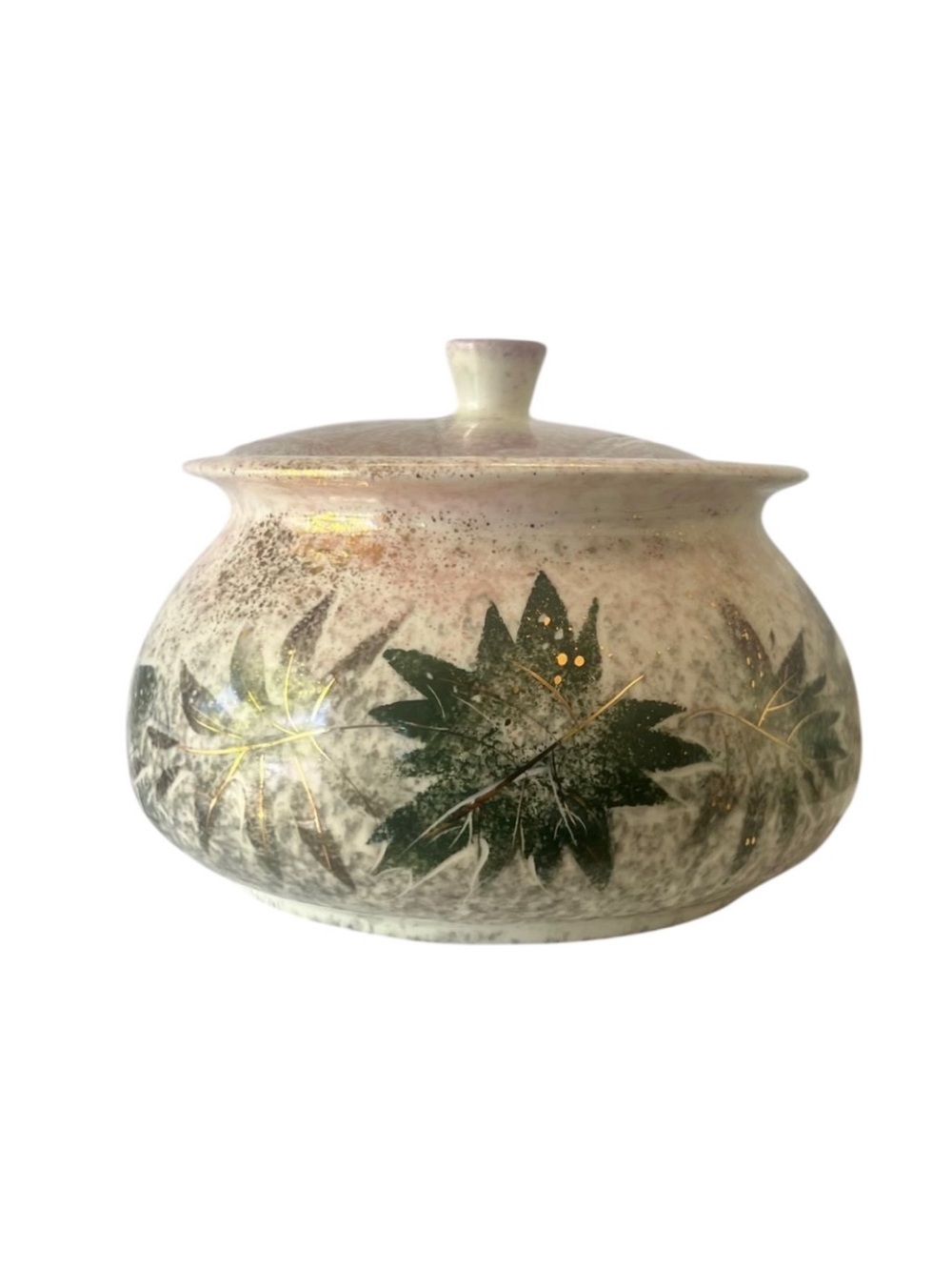 Sascha Brastoff Covered Jar Trinket Dish Pottery Leaf Gold MCM Vintage
